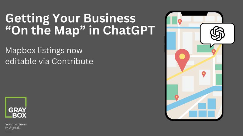 Smartphone with city map and pins plus ChatGPT logo, showing Mapbox listings in ChatGPT local search.